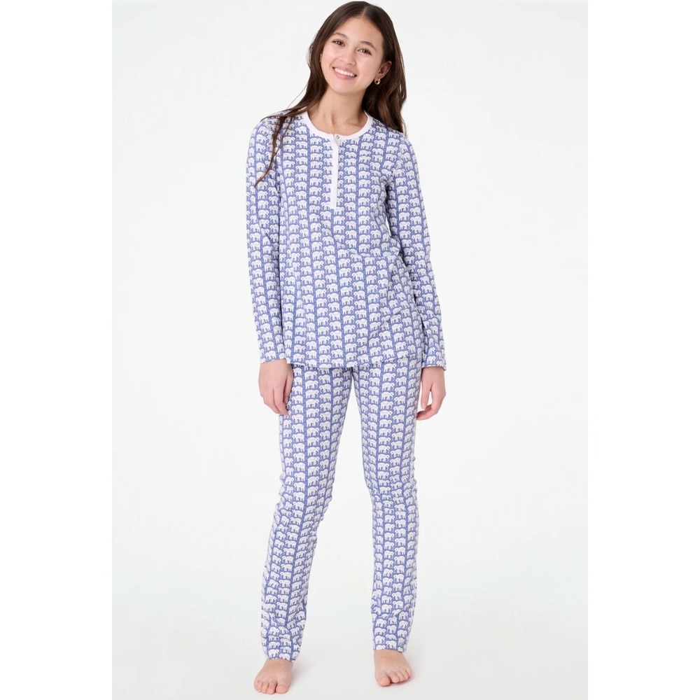 Roller Rabbit Blue Hathi Elephant‎ Pima Cotton Henley Pajama Set Womens Medium